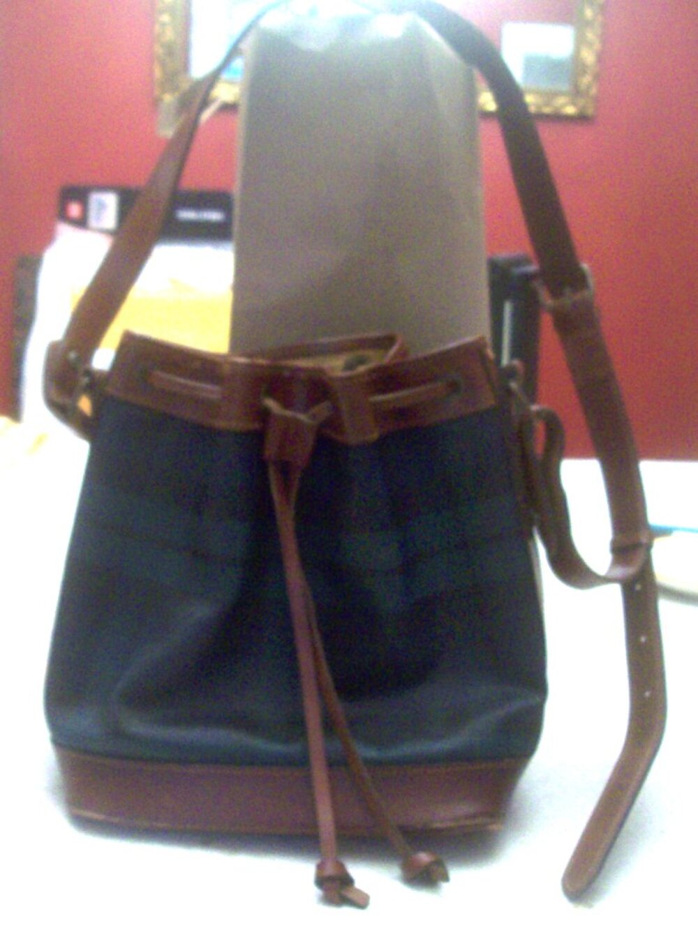VTG Polo RALPH LAUREN Black Watch Plaid Leather Drawstring Bucket Shoulder Bag